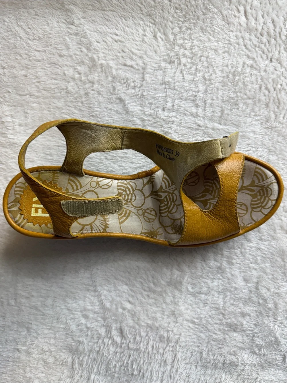 FLY London Yanca Mustard Yellow Leather Wedge Sandals Size US 8.5